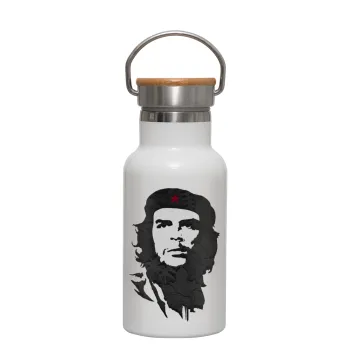 Che Guevara, Μεταλλικό παγούρι θερμός (Stainless steel) Λευκό με ξύλινο καπακι (bamboo), διπλού τοιχώματος, 350ml