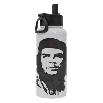 Che Guevara, Μεταλλικό παγούρι θερμός Λευκό με καλαμάκι και χερούλι (Stainless steel), διπλού τοιχώματος, 950ml
