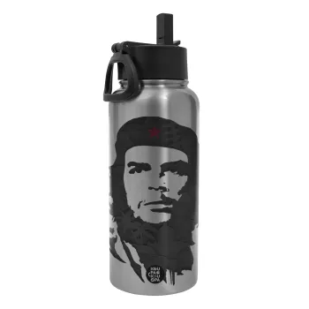 Che Guevara, Μεταλλικό παγούρι θερμός Silver με καλαμάκι και χερούλι (Stainless steel), διπλού τοιχώματος, 950ml
