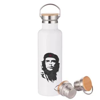 Che Guevara, Μεταλλικό παγούρι θερμός (Stainless steel) Λευκό με ξύλινο καπάκι (bamboo), διπλού τοιχώματος, 750ml