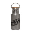 Stainless steel metallic thermos flask, silver with a bamboo lid, double-walled, 350ml.