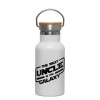 Metallic thermos (Stainless steel) White with wooden lid (bamboo), double-walled, 350ml