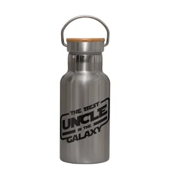 The Best UNCLE in the Galaxy, Stainless steel metallic thermos flask, silver with a bamboo lid, double-walled, 350ml.