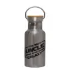 Stainless steel metallic thermos flask, silver with a bamboo lid, double-walled, 350ml.