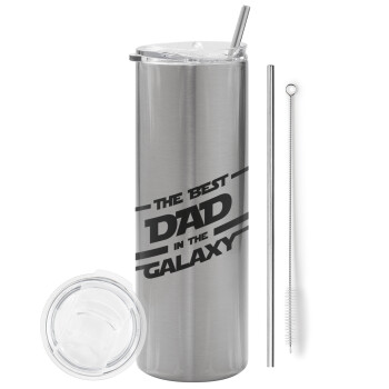 The Best DAD in the Galaxy, Eco friendly stainless steel Silver tumbler 600ml, with metal straw & cleaning brush