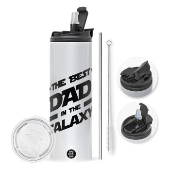 The Best DAD in the Galaxy, Travel Tumbler 2 Lids, with metal straw & cleaning brush (Stainless steel 304 Food grade, BPA free, 600ml)