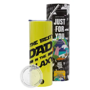 The Best DAD in the Galaxy, Neon Yellow Travel Tumbler θερμό, μεταλλικό καλαμάκι(Ανωξείδωτο 304 Food grade, BPA free, 600ml)