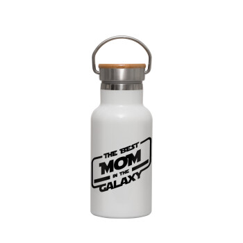 The Best MOM in the Galaxy, Μεταλλικό παγούρι θερμός (Stainless steel) Λευκό με ξύλινο καπακι (bamboo), διπλού τοιχώματος, 350ml