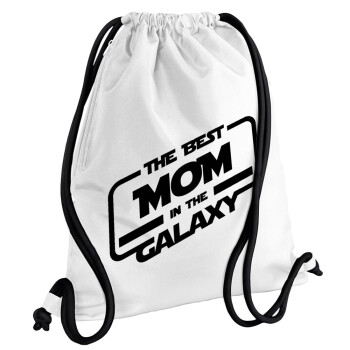 The Best MOM in the Galaxy, Backpack pouch GYMBAG white, with pocket (40x48cm) & thick cords