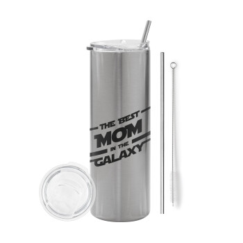 The Best MOM in the Galaxy, Tumbler stainless steel Silver 600ml, with metal straw & cleaning brush