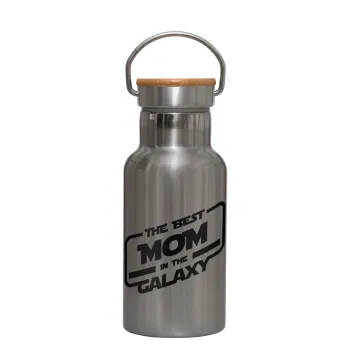 The Best MOM in the Galaxy, Stainless steel metallic thermos flask, silver with a bamboo lid, double-walled, 350ml.