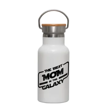 The Best MOM in the Galaxy, Metallic thermos (Stainless steel) White with wooden lid (bamboo), double-walled, 350ml