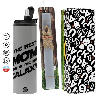 The Best MOM in the Galaxy, Πασχαλινή Λαμπάδα με Travel Tumbler θερμό (600ml, BPA free) & κερί αρωματικό πλακέ (30cm) (ΓΚΡΙ)
