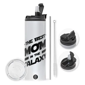 The Best MOM in the Galaxy, Travel Tumbler 2 Lids, with metal straw & cleaning brush (Stainless steel 304 Food grade, BPA free, 600ml)
