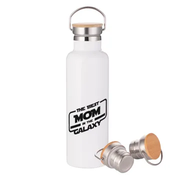 The Best MOM in the Galaxy, Μεταλλικό παγούρι θερμός (Stainless steel) Λευκό με ξύλινο καπάκι (bamboo), διπλού τοιχώματος, 750ml