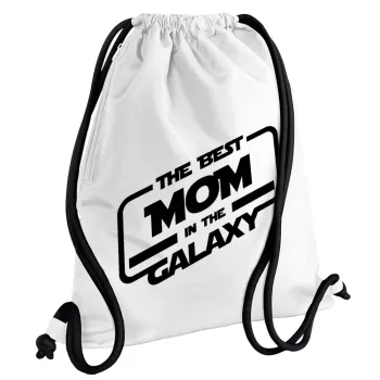 The Best MOM in the Galaxy, Backpack pouch GYMBAG white, with pocket (40x48cm) & thick cords