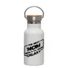 Metallic thermos (Stainless steel) White with wooden lid (bamboo), double-walled, 350ml