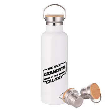 The Best GRANDPA in the Galaxy, Stainless steel White with wooden lid (bamboo), double wall, 750ml