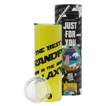 The Best GRANDPA in the Galaxy, Neon Yellow Travel Tumbler θερμό, μεταλλικό καλαμάκι(Ανωξείδωτο 304 Food grade, BPA free, 600ml)
