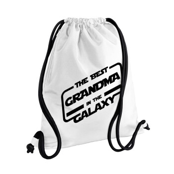 The Best GRANDMA in the Galaxy, Τσάντα πλάτης πουγκί GYMBAG λευκή, με τσέπη (40x48cm) & χονδρά κορδόνια