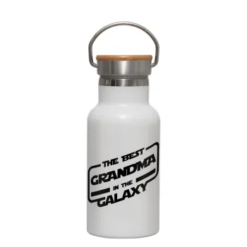 The Best GRANDMA in the Galaxy, Metallic thermos (Stainless steel) White with wooden lid (bamboo), double-walled, 350ml