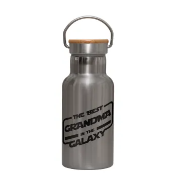 The Best GRANDMA in the Galaxy, Stainless steel metallic thermos flask, silver with a bamboo lid, double-walled, 350ml.