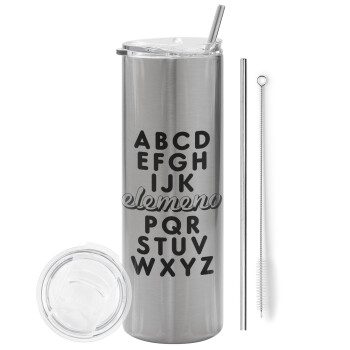 ABCD Elemeno Alphabet , Eco friendly ποτήρι θερμό Ασημένιο (tumbler) από ανοξείδωτο ατσάλι 600ml, με μεταλλικό καλαμάκι & βούρτσα καθαρισμού