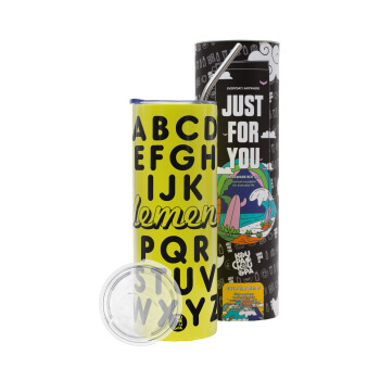 ABCD Elemeno Alphabet , Neon Yellow Travel Tumbler, with metal straw (Stainless steel 304 Food grade, BPA free, 600ml)