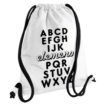 ABCD Elemeno Alphabet , Backpack pouch GYMBAG white, with pocket (40x48cm) & thick cords