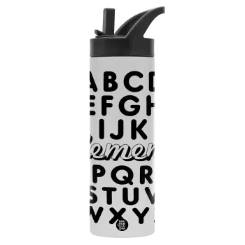 ABCD Elemeno Alphabet , Metallic thermos bottle with straw & handle, stainless steel (Stainless steel 304), double-walled, 600ml.
