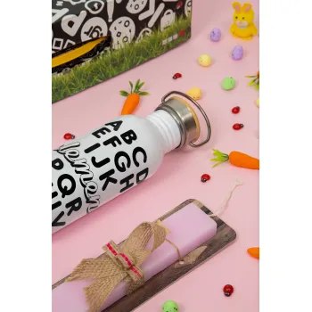 ABCD Elemeno Alphabet , Πασχαλινή Λαμπάδα με παγούρι μεταλλικό (620ml, stainless steel) & κερί αρωματικό πλακέ (30cm) (ΡΟΖ)