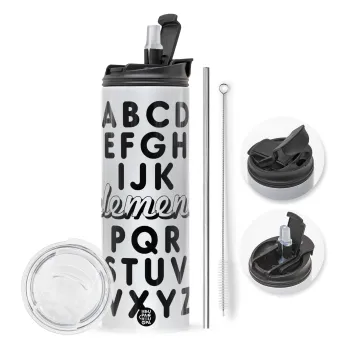 ABCD Elemeno Alphabet , Travel Tumbler θερμό με διπλό καπάκι, μεταλλικό καλαμάκι και βούρτσα καθαρισμού (Ανωξείδωτο 304 Food grade, BPA free, 600ml)