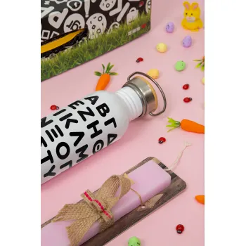 ΑΒΓΔ αλφάβητο, Πασχαλινή Λαμπάδα με παγούρι μεταλλικό (620ml, stainless steel) & κερί αρωματικό πλακέ (30cm) (ΡΟΖ)