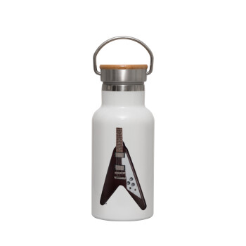 Guitar flying V, Metallic thermos (Stainless steel) White with wooden lid (bamboo), double-walled, 350ml