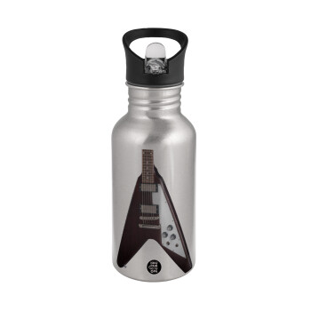 Guitar flying V, Water bottle Silver with straw, stainless steel 500ml