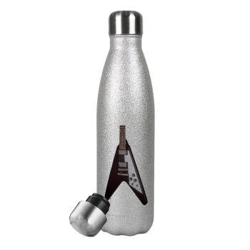 Guitar flying V, Metallic Glitter Silver Thermos Flask (Stainless steel), double-walled, 500ml