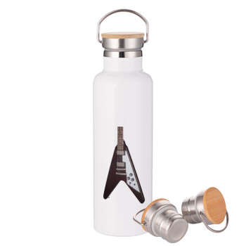 Guitar flying V, Μεταλλικό παγούρι θερμός (Stainless steel) Λευκό με ξύλινο καπάκι (bamboo), διπλού τοιχώματος, 750ml