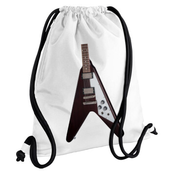 Guitar flying V, Τσάντα πλάτης πουγκί GYMBAG λευκή, με τσέπη (40x48cm) & χονδρά κορδόνια