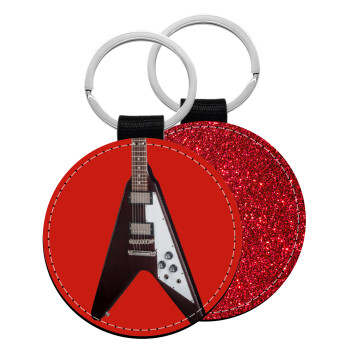 Guitar flying V, Μπρελόκ Δερματίνη, στρογγυλό ΚΟΚΚΙΝΟ (5cm)