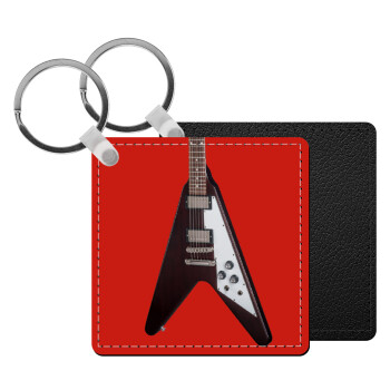 Guitar flying V, Μπρελόκ Δερματίνη, τετράγωνο ΜΑΥΡΟ (5x5cm)