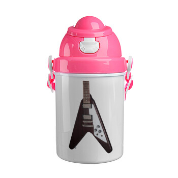 Guitar flying V, Ροζ παιδικό παγούρι πλαστικό (BPA-FREE) με καπάκι ασφαλείας, κορδόνι και καλαμάκι, 400ml