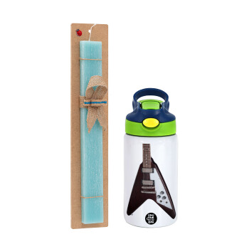 Guitar flying V, Easter Set, Children's thermal stainless steel bottle with safety straw, green/blue (350ml) & aromatic flat Easter candle (30cm) (TURQUOISE)