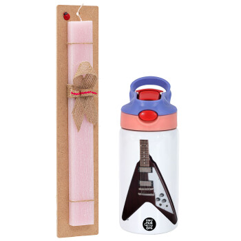 Guitar flying V, Πασχαλινή Λαμπάδα με Παιδικό παγούρι θερμό, ανοξείδωτο, με καλαμάκι ασφαλείας, ροζ/μωβ (350ml) & κερί αρωματικό πλακέ (30cm) (ΡΟΖ)