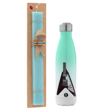 Guitar flying V, Easter Set, Metallic green/white thermos (Stainless steel), double-walled, 500ml & scented flat Easter candle (30cm) (TURQUOISE)
