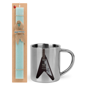 Guitar flying V, Easter Set, metallic thermal cup (300ml) & aromatic flat Easter candle (30cm) (TURQUOISE)