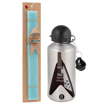 Guitar flying V, Easter Set, metallic silver aluminum water bottle (500ml) & scented flat Easter candle (30cm) (TURQUOISE)