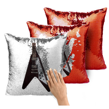Guitar flying V, Μαξιλάρι καναπέ Μαγικό Κόκκινο με πούλιες 40x40cm περιέχεται το γέμισμα
