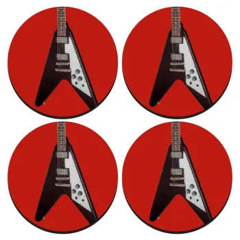Guitar flying V, SET of 4 round wooden coasters (9cm)