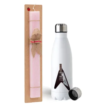 Guitar flying V, Easter Set, metallic stainless steel water bottle (750ml) & scented flat Easter candle (30cm) (PINK)