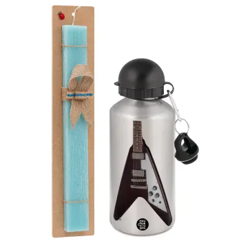 Guitar flying V, Easter Set, metallic silver aluminum water bottle (500ml) & scented flat Easter candle (30cm) (TURQUOISE)